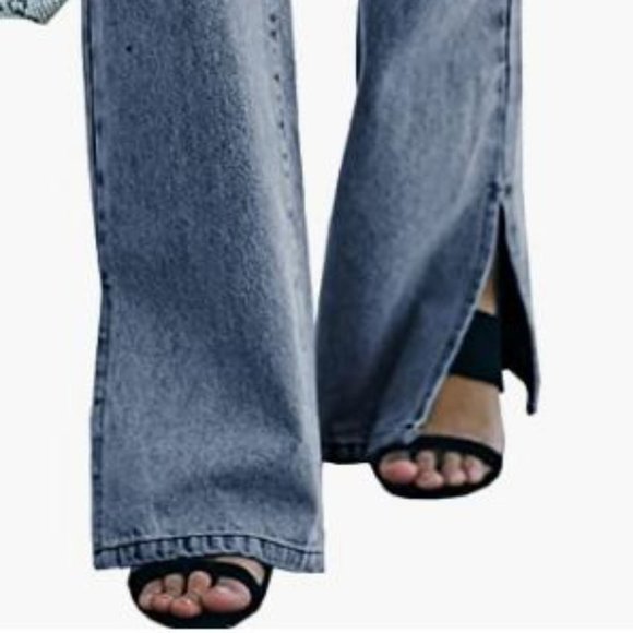 Asvivid Denim - Asvivid Womens Casual High Waisted Flare Jeans Wide Leg Slit Ankle Bell Bottom D